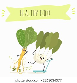 Vector Illustration with funny cartoon characters horseradish, kohlrabi. Funny and healthy food. Vitamins, cute face food, ingredients, vegetarian, vector cartoon, antioxidant.
