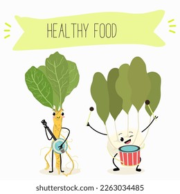 Vector Illustration with funny cartoon characters horseradish, kohlrabi. Funny and healthy food. Vitamins, cute face food, ingredients, vegetarian, vector cartoon, antioxidant.