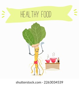 Vector Illustration with funny cartoon characters horseradish, kohlrabi. Funny and healthy food. Vitamins, cute face food, ingredients, vegetarian, vector cartoon, antioxidant.