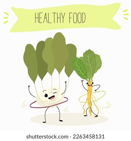 Vector Illustration with funny cartoon characters horseradish, kohlrabi. Funny and healthy food. Vitamins, cute face food, ingredients, vegetarian, vector cartoon, antioxidant.