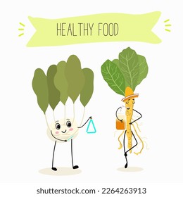 Vector Illustration with funny cartoon characters horseradish, kohlrabi. Funny and healthy food. Vitamins, cute face food, ingredients, vegetarian, vector cartoon, antioxidant.