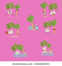 Vector illustration with funny cartoon characters of kohlrabi and horseradish, collection of characters doing sports, playing musical instruments, riding horses. Funny and healthy food.