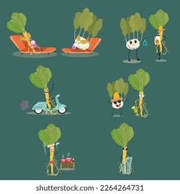 Vector illustration with funny cartoon characters of kohlrabi and horseradish, collection of characters doing sports, playing musical instruments, riding horses. Funny and healthy food.