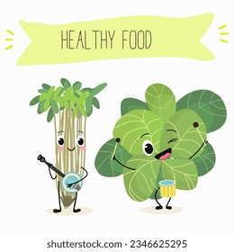 Vector illustration with funny cartoon characters cress, watercress, salad,kawaii, corn salad, cornsalad, lamb’s-lettuce,  vegetable. Doing sports, playing musical instruments.