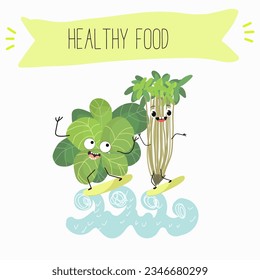 Vector illustration with funny cartoon characters cress, watercress, salad,kawaii, corn salad, cornsalad, lamb’s-lettuce,  vegetable. Doing sports, playing musical instruments.