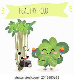 Vector illustration with funny cartoon characters cress, watercress, salad,kawaii, corn salad, cornsalad, lamb’s-lettuce,  vegetable. Doing sports, playing musical instruments.