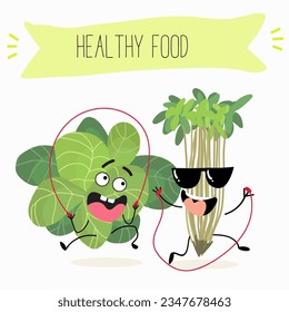 Vector illustration with funny cartoon characters cress, watercress, salad,kawaii, corn salad, cornsalad, lamb’s-lettuce,  vegetable. Doing sports, playing musical instruments.