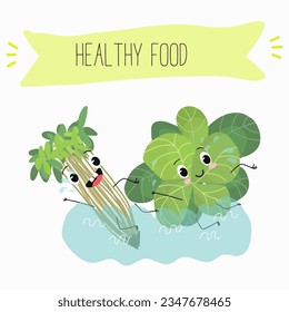 Vector illustration with funny cartoon characters cress, watercress, salad,kawaii, corn salad, cornsalad, lamb’s-lettuce,  vegetable. Doing sports, playing musical instruments.
