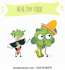 Vector illustration with funny cartoon characters cress, watercress, salad,kawaii, corn salad, cornsalad, lamb’s-lettuce,  vegetable. Doing sports, playing musical instruments.