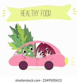 Vector illustration with funny cartoon characters eruca, rucola, colewort, rucoli, roquette, garden rocket, ruchetta,
arugula,  eruca, rucola, colewort, rucoli, roquette, vegetable. 