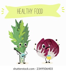 Vector illustration with funny cartoon characters eruca, rucola, colewort, rucoli, roquette, garden rocket, ruchetta,
arugula,  eruca, rucola, colewort, rucoli, roquette, vegetable. 