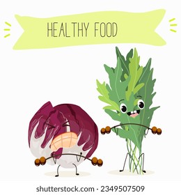 Vector illustration with funny cartoon characters eruca, rucola, colewort, rucoli, roquette, garden rocket, ruchetta,
arugula,  eruca, rucola, colewort, rucoli, roquette, vegetable. 