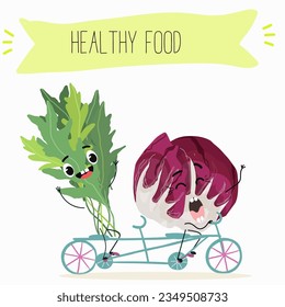 Vector illustration with funny cartoon characters eruca, rucola, colewort, rucoli, roquette, garden rocket, ruchetta,
arugula,  eruca, rucola, colewort, rucoli, roquette, vegetable. 