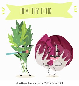 Vector illustration with funny cartoon characters eruca, rucola, colewort, rucoli, roquette, garden rocket, ruchetta,
arugula,  eruca, rucola, colewort, rucoli, roquette, vegetable. 