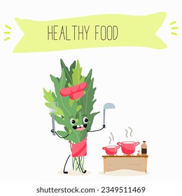 Vector illustration with funny cartoon characters eruca, rucola, colewort, rucoli, roquette, garden rocket, ruchetta,
arugula,  eruca, rucola, colewort, rucoli, roquette, vegetable. 
