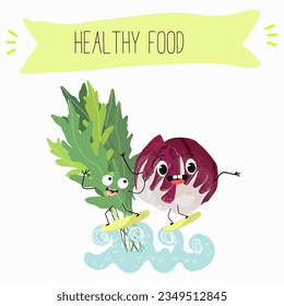 Vector illustration with funny cartoon characters eruca, rucola, radichio, radicchio,cabbage,  ruchetta,
arugula,  eruca, rucola, colewort, rucoli, roquette, vegetable. 