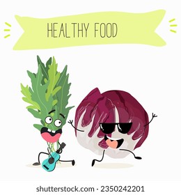 Vector illustration with funny cartoon characters eruca, rucola, radichio, radicchio,cabbage,  ruchetta,
arugula,  eruca, rucola, colewort, rucoli, roquette, vegetable. 