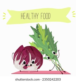 Vector illustration with funny cartoon characters eruca, rucola, radichio, radicchio,cabbage,  ruchetta,
arugula,  eruca, rucola, colewort, rucoli, roquette, vegetable. 