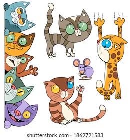 Vector illustration. Funny cartoon. Cheerful crowd of multicolored cats that look out of the frame. Set of isolated animals. Vertical or horizontal print.