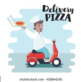 Vector illustration of funny cartoon chef cook riding red motor bike. Pizza delivery