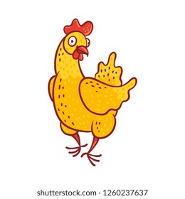 Vector illustration of funny cartoon chicken standing with welcome or showing sign isolated on white background - hand drawn cute smiling yellow domestic hen greeting or pointing.