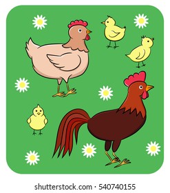 Vector illustration of a funny cartoon chicken family on the green background with flowers.
