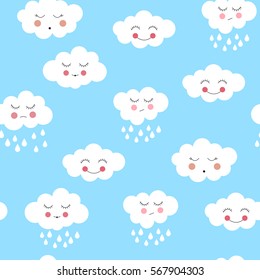 Vector illustration of funny cartoon clouds with different faces on blue background. Flat design. Seamless pattern