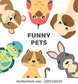 vector illustration of funny cartoon cute pets isolated on white, cute set with cat, dog, parrot, hamster, rabbit and turtle, domestic animals and birds in flat style