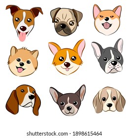 Vector illustration of funny cartoon different breeds dog in trendy flat style. Hand draw on white background.