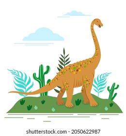 Vector illustration of a funny cartoon dinosaur on a white background. Brachiosaurus picture.