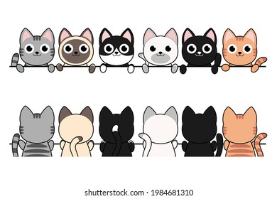 Vector illustration of funny cartoon dog cats, Different front border set, poses and emotions. eps 10 vector.