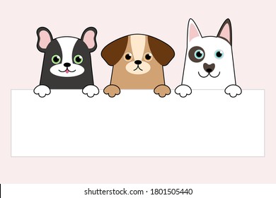 Vector illustration of funny cartoon dogs are holding an empty for your text on pink background. eps 10 vector.