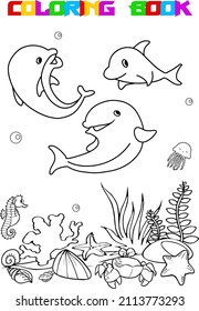 Vector illustration with funny cartoon dolphins and the underwater world in black and white outline. The illustration can be used as a coloring book.