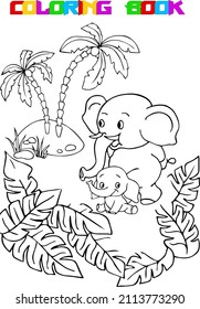 Vector illustration with funny cartoon elephants and palm leaves in black and white outline. The illustration can be used as a coloring page.