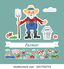 Vector Illustration Of Funny Cartoon Farmer With Bucket. Cute Isolated Agrarian Old Man, Hat, Overalls And Forks. Milk Farm Collection Flat Stickers.