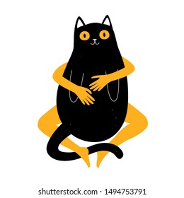 Vector illustration with funny cartoon fat cat and hugging women hands and legs. Domestic animal lover print design