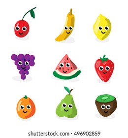 Vector illustration funny cartoon fruit and berry characters. Cherry, kiwi, banana, pear, strawberry, lemon, orange, grape, banana. Concept for organic products, harvest, raw food diet.