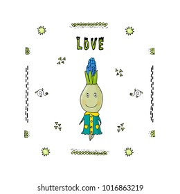 Vector illustration of a funny cartoon girl bulb in the clothes, with hands and feet, with emotions on a white background. Positive character. Creation. For  cards, notes, stickers, labels, tags 