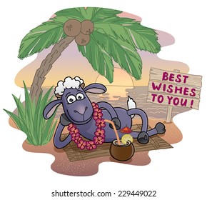 vector illustration of funny cartoon goat relaxing on the sea shore under the palm tree at sunset, symbol of year 2015 by chinese horoscope, with words Best wishes to you, written on signboard behind.