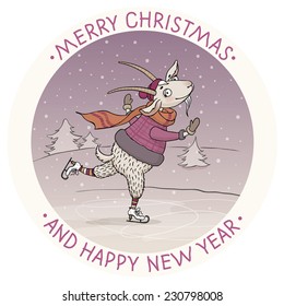 vector illustration of funny cartoon goat skating on the background of winter scenery, arranged in circle with words merry christmas and happy new year, great template for christmas greeting card