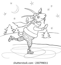 vector illustration of funny cartoon goat skating on the background of winter scenery, great coloring page for kids