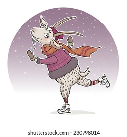 vector illustration of funny cartoon goat skating on the background of winter scenery, arranged in circle, great template for christmas greeting card