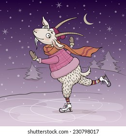 vector illustration of funny cartoon goat skating at the river at night on the background of winter scenery, great template for christmas greeting card