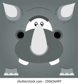 Vector illustration. Funny cartoon gray rhino. Closeup animal in square flat style.