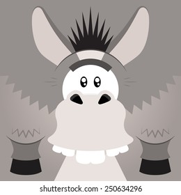 Vector illustration. Funny cartoon gray donkey. Closeup animal in square flat style.
