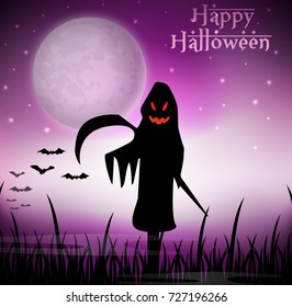 Vector illustration of Funny cartoon grim reaper on the full moon