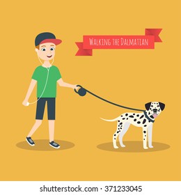 Vector illustration of funny cartoon guy with mobile phone that walking with his Dalmatian.