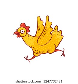 Vector illustration of funny cartoon hen hurry and running fast isolated on white background - hand drawn cute yellow chicken rushing from all legs. Funny domestic farm bird.