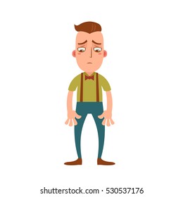 Vector illustration with funny cartoon hipster character. Sad hipster guy