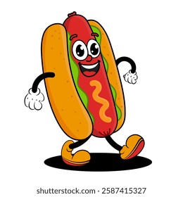 Vector illustration of a funny cartoon hot dog mascot in a retro rubber hose style. Cheerful fast food character with mustard and lettuce, walking confidently.